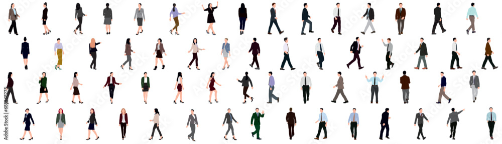 Set of business people walking and standing. Collection of businessman and woman.  Men and women in full length. Inclusive business concept. Vector illustration isolated on white background.