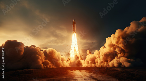 A spaceship takes off into the sky from the cosmodrome, clouds of smoke. The rocket starts traveling into space. Startup concept.