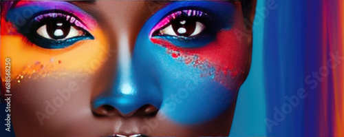 Beauty Africian Girl Face with Colorful make up. Fashion model woman in colorful bright lights