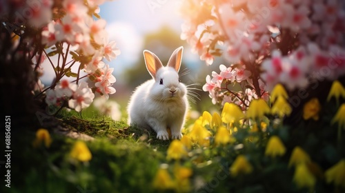 Cute fluffy funny little Easter bunny rabbit among spring flowers in a green garden. Postcard Happy Easter poster © Irina Sharnina