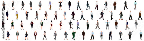 Set of business people walking and standing. Collection of businessman and woman. Men and women in full length. Inclusive business concept. Vector illustration isolated on white background.