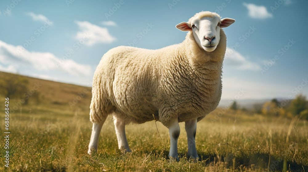 A wool sheep grazes on an ecologically clean picturesque meadow. A wool sheep grazes on an ecologically clean picturesque meadow.