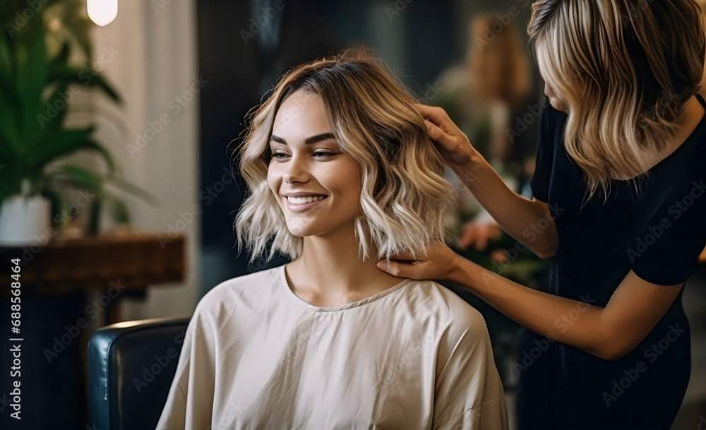 Blonde model in a hair salon getting a new haircut, coloring her hair and styling it. Blonde model in a hair salon getting a new haircut, coloring her hair and styling it.