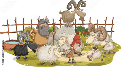 Group of cartoon neolithic shepard working with sheep and goat. Prehistoric people on farm.