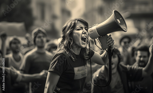 A woman shouts into a megaphone at a protest in a crowd. black and white photo