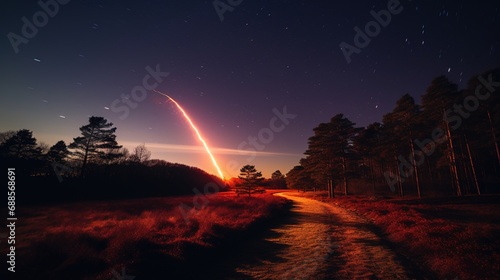 Fantastic scene of a meteorite falling in the night sky against the backdrop of a field landscape