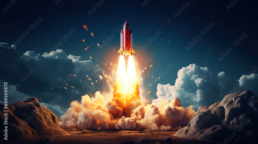 A spaceship takes off into the sky from the cosmodrome, clouds of smoke. The rocket starts traveling into space. Startup concept. - obrazy, fototapety, plakaty 
