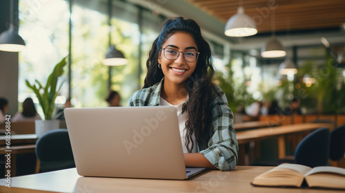Young happy smiling Hispanic female student preparing for exam using laptop in university library. College student studying remotely. Education and technology background photo
