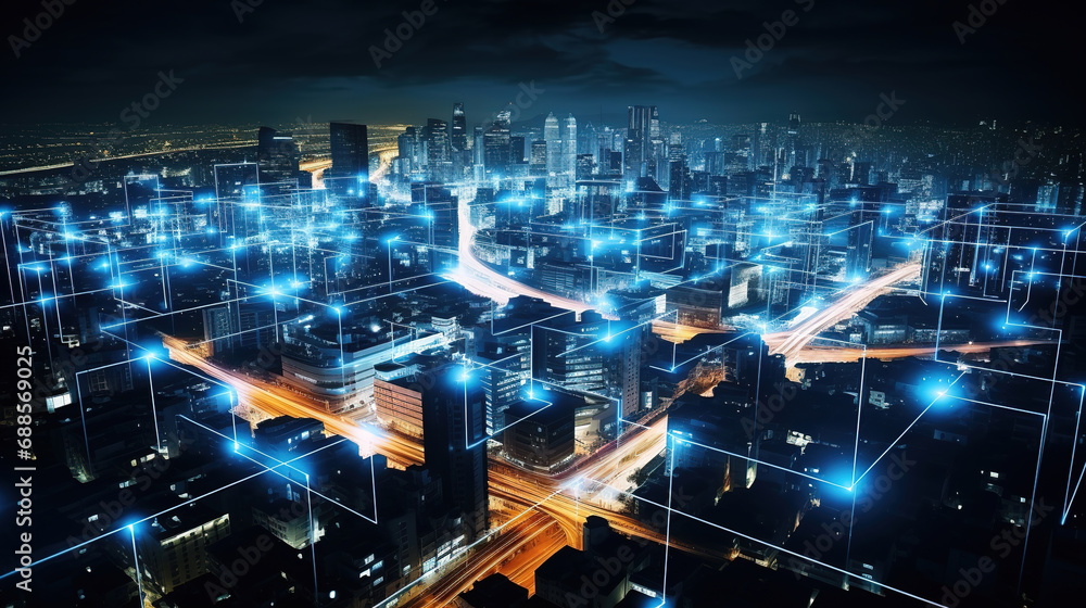 Smart city, abstract glowing line and dot connect to network, internet and big data connection technology concept.