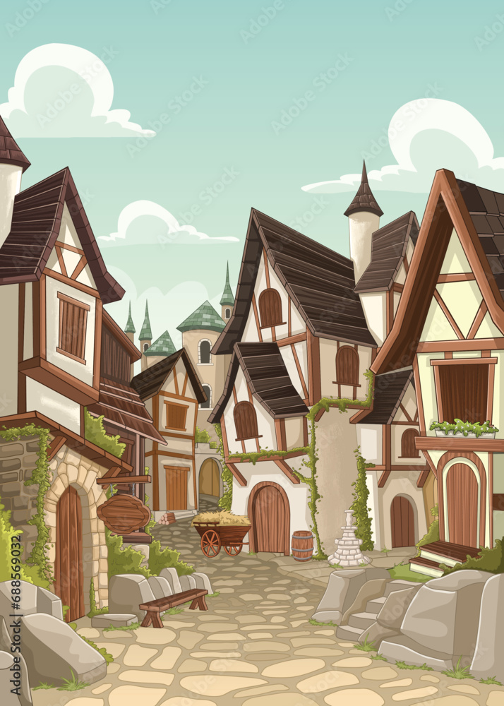 Cartoon medieval town. Middle age village. Ancient city.
Cartoon medieval town. Middle age village. Ancient city.