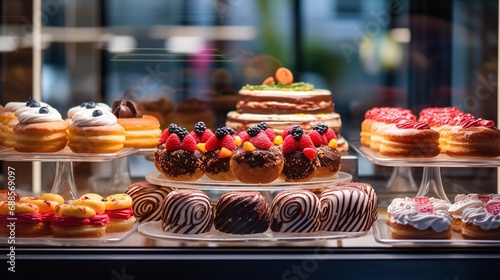 Assortment of cakes on a glass showcase of a pastry bakery. Sweet delicious fresh baked goods