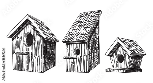 Wooden bird houses outline clipart set. Spring time doodles collection. Vector illustration in engraving style isolated on white.