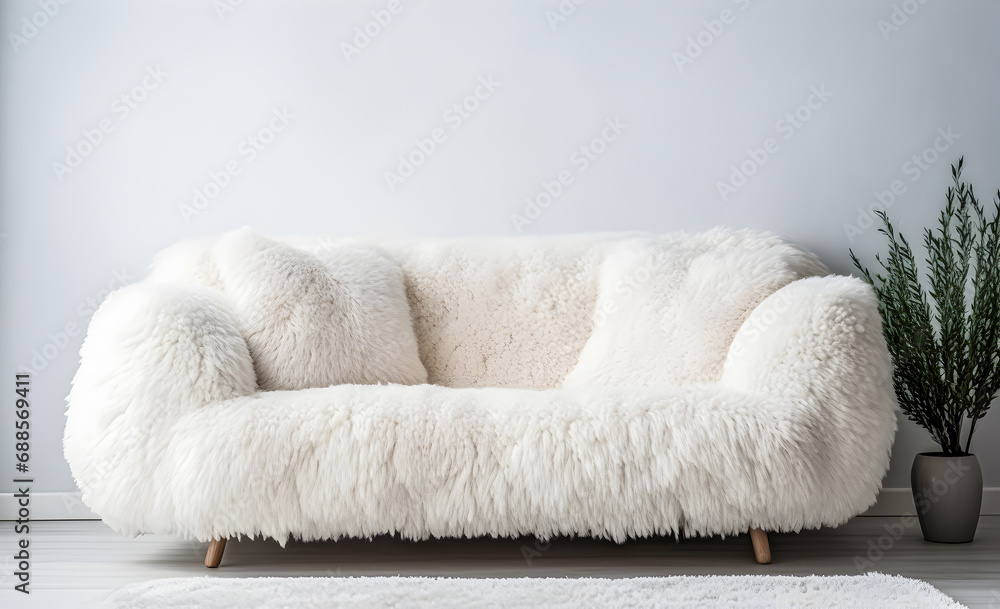 Cozy cute sofa with white fluffy sheepskin and cushions. Cozy cute sofa with white fluffy sheepskin and cushions.