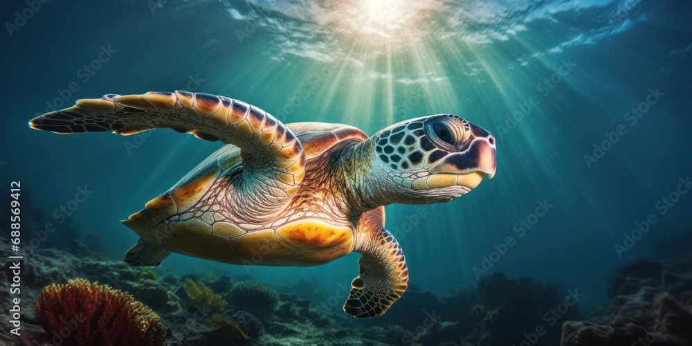 Fototapeta premium Sea turtle multicolored deep underwater is sunny rays. Ocean life, wildlife. Conservation species and population