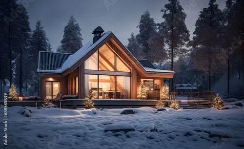 The exterior of a Scandinavian house illuminated by warm light in the snow © lutsenko_k_