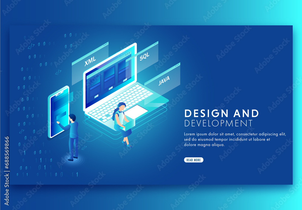 Isometric View of Developers Using Laptop and Smartphone, Programming ...
