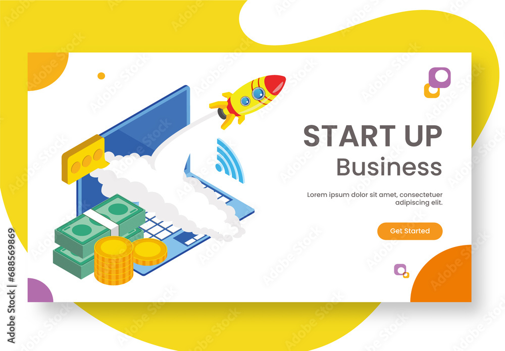Start Up Business Concept Based Landing Page, Rocket Launching From ...