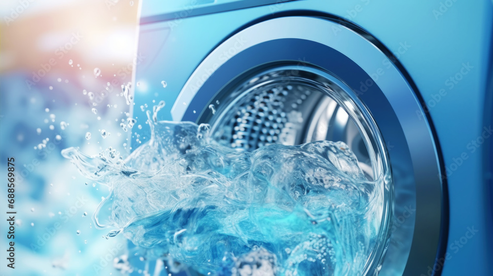 Washing machine drum with water, closeup. Water splash with neon light. Generative AI Washing machine drum with water, closeup. Water splash with neon light. Generative AI
