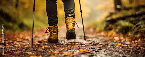 Detial of legs in hiking yellow shoes walking in the forest, using hiking sticks.