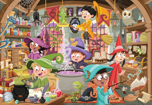 Cartoon wizard boys and witch girls working on witchcraft potion. Halloween costume.
