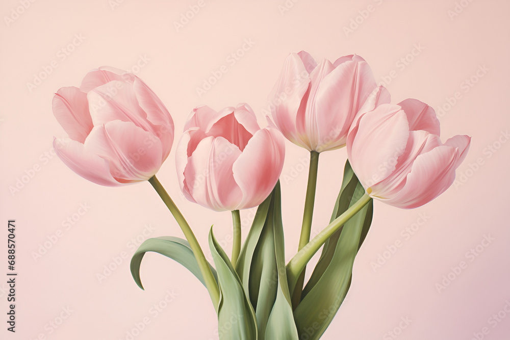 pink tulips flowers on pink background. Copy space. Generated AI pink tulips flowers on pink background. Copy space. Generated AI