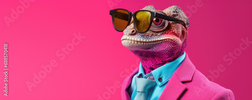 Funny lizard wearing a pink suit and glasses on red pink background. photo