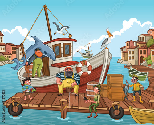 Fisherman village with boats. Wooden pier with boats and people fishing.
