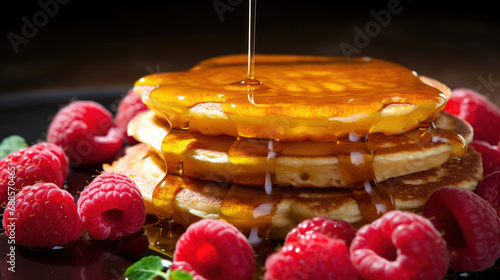 closeup of pancakes with honey