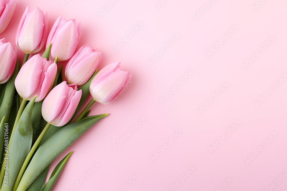 pink tulips flowers on pink background. Copy space. Generated AI pink tulips flowers on pink background. Copy space. Generated AI