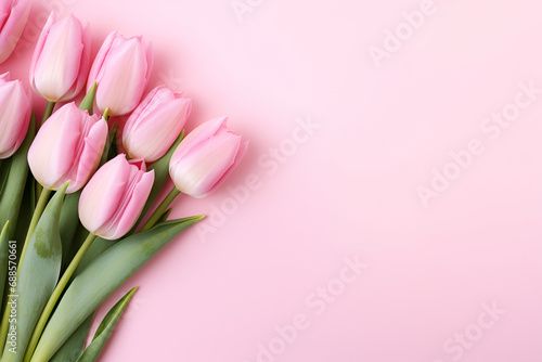pink tulips flowers on pink background. Copy space. Generated AI