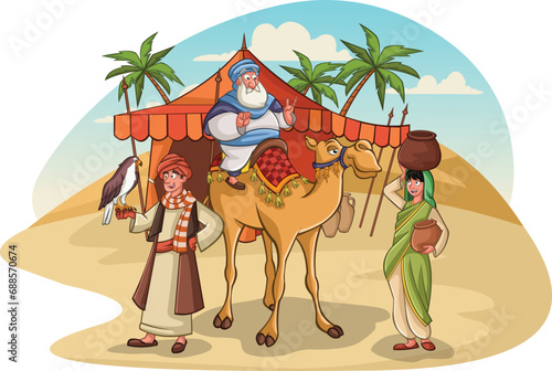 Cartoon arabic people in the desert. Sheik riding camel. Man with hawk.

