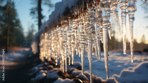 Ice cold winter, icicles and ice crystals in nature on trees, windows and stones, AI generated