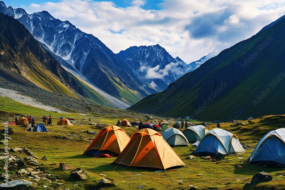 the camping tents in the mountain