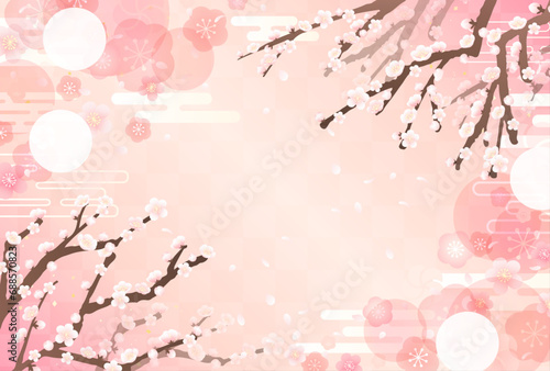 梅の枝と舞い散る花びらの和風イラスト_横1 photo