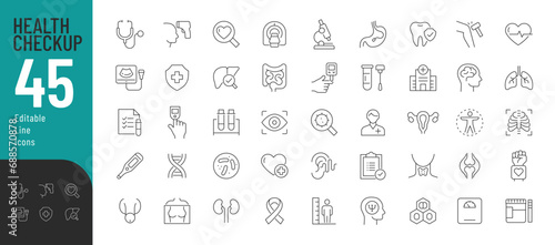 Health Checkup Line Editable Icons set. Vector illustration in modern thin line style of medical icons: instruments, research, organs, tests, and viruses. Pictograms and infographics for mobile apps