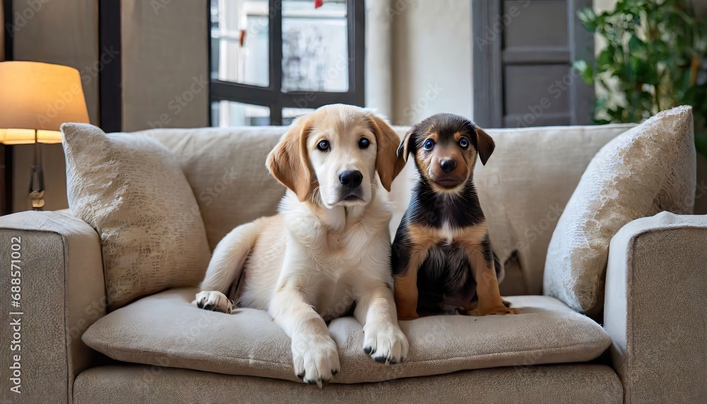 Two dogs sitting on the couch looking at camera. Lovely pets. Domestic life. Generative AI