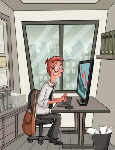Business man in office workspace with desks. Man working on computer.