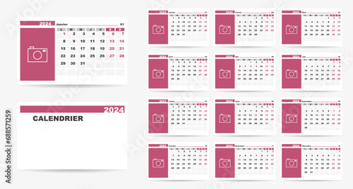 2024 calendar on french language with french holidays. . Week start on monday. Calendar with place for photo. Vector Illustration.