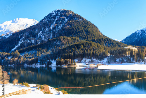 View of Davos lake in Graubunden canton  Switzerland