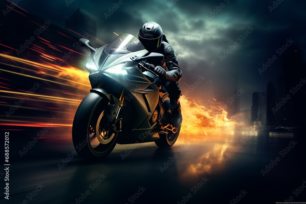 Futuristic Sports Bike Rider In Motion With Thunder, Rider, Biker, Futuristic, Thunder