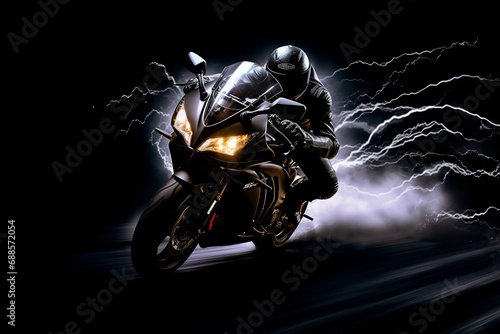 Futuristic Sports Bike Rider In Motion With Thunder, Rider, Biker, Futuristic, Thunder