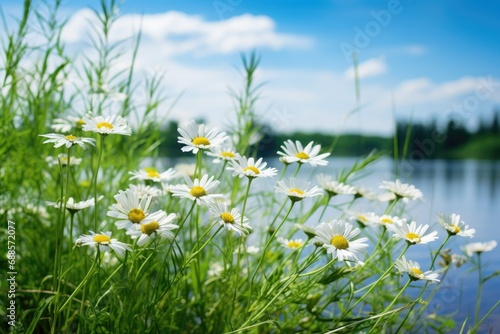 Chamomile flowers in the grass