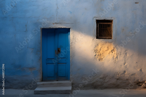 A white wall with a blue door generated AI