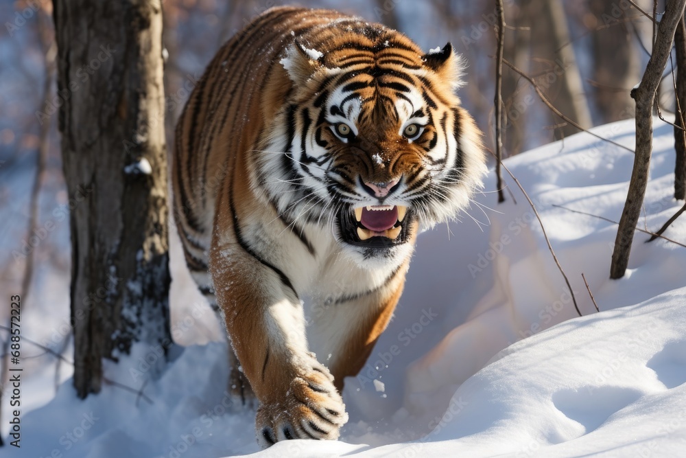 Obraz premium Angry ussurian tiger in a snowy forest