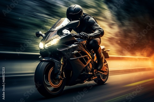 Motorcycle Rider on a Motorcycle in Motion On Street