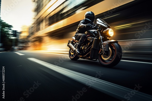 Motorcycle Rider on a Motorcycle in Motion On Street