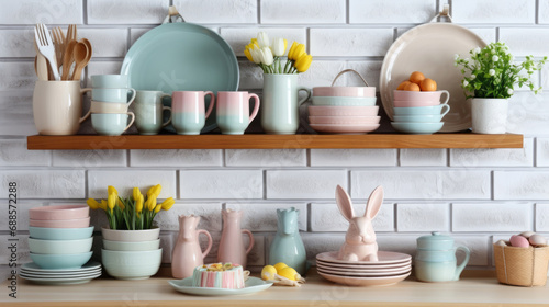 close up of the kitchen shelf and counter with pastel ceramics  blue and pink plates and cups  flowers and ceramic easter bunnies