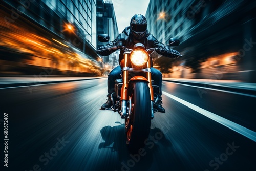 Motorcycle Rider on a Motorcycle in Motion On Street