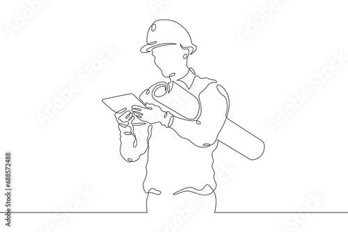 Engineer at work at a construction site. Engineer in a helmet. Construction. One continuous line drawing. Linear. Hand drawn, white background. One line.