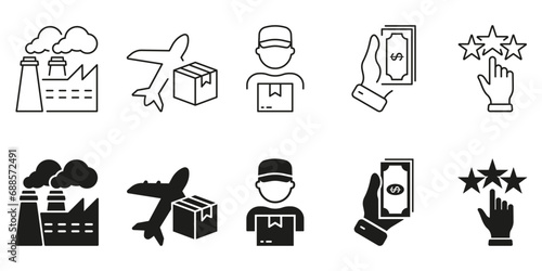 Business Supply Chain Line and Silhouette Icon Set. Distribution Industry Symbol Collection. Commercial Service Pictogram. Factory Production, Delivery, Payment, Rate. Isolated Vector Illustration
